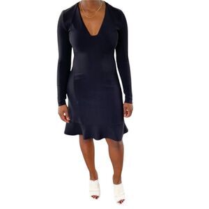 Boston Proper Knee Length Fluted Flare Fishtail Long sleeved V Neck Dress LBD